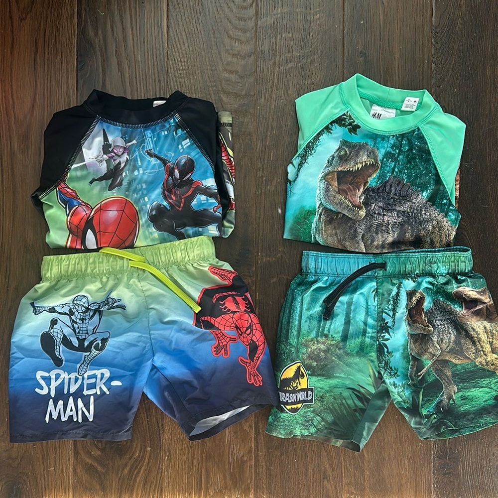H&M 2 sets swimming trunks and rashguard. 2-4y